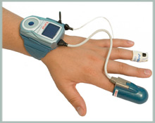 The WatchPat is worn on the wrist with a pulse-oxygen meter on the finger and a tube that monitors breathing is worn under the nose.
